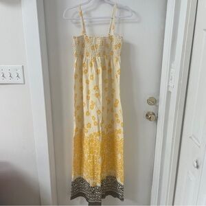 Vintage Roxy Maxi Dress Yellow White Brown Floral Smocked Cotton Sundress Size S